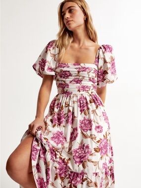 Abercrombie & Fitch Floral Puff-Sleeve Maxi Dress in Pink and White (L)